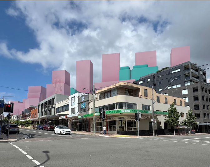 Projected development impacts on Willoughby Road — massing overlay of future buildings at the Willoughby Road intersection